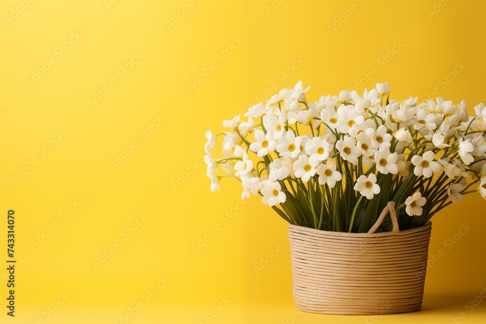 Basket of white oxeye daisy flowers on a yellow spring background with copy space