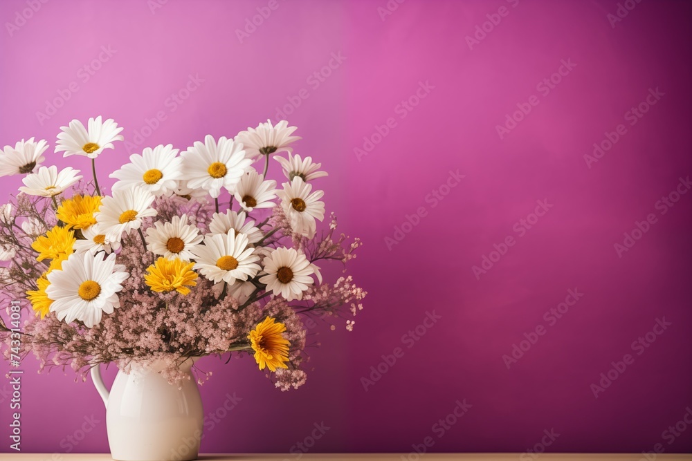 Basket of white oxeye daisy flowers on a purple spring background
