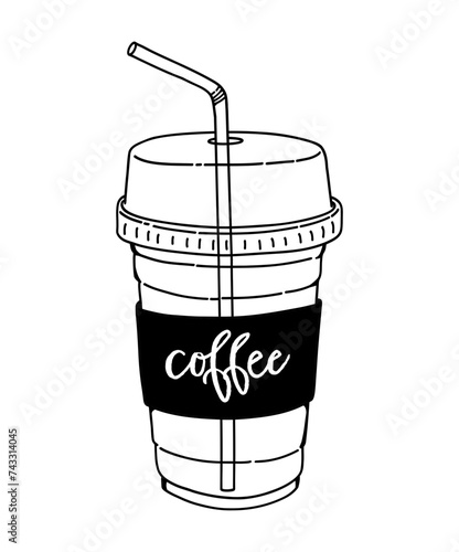 Clear Plastic Coffee Cup with lid and straw doodle outline vector illustration