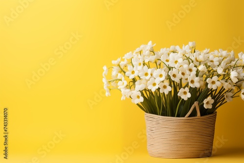 Basket of white oxeye daisy flowers on a yellow spring background with copy space © kenkuza