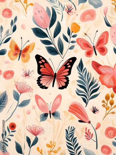 A detailed pattern featuring various butterflies and flowers intricately designed on a white background, creating a harmonious and elegant aesthetic.