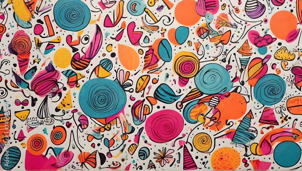 Naklejka premium Colorful and fun doodle patterns and shapes. Children's party style abstract background.