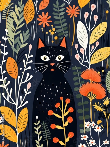 A black cat is surrounded by a variety of colorful flowers and green leaves in a vibrant and lively setting, creating a harmonious and nature-inspired scene.