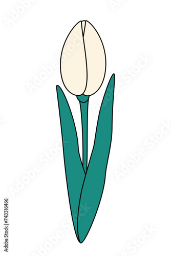 Stylized bud of an unopened tulip in trendy bight shades. Design elements for springtime greetings