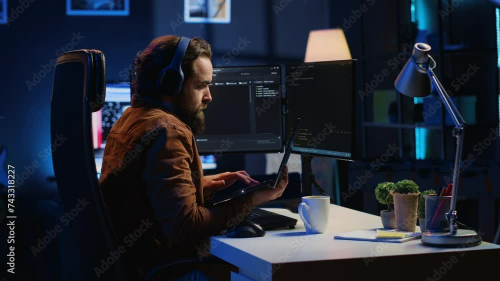 Developer focused on typing complex code in neon lit home office, listening music and developing software application. IT expert wearing headphones, solving coding project tasks on laptop, camera A Developer focused on typing complex code in neon lit home office, listening music and developing software application. IT expert wearing headphones, solving coding project tasks on laptop, camera A