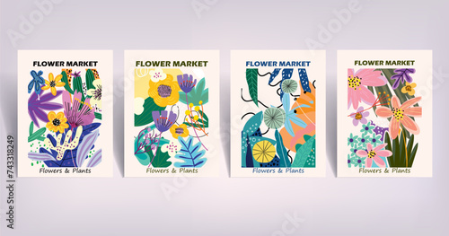 Flower market poster vector illustration hand drawn. Abstract floral art modern digital print for cards  wall decor  poster cover  art print.