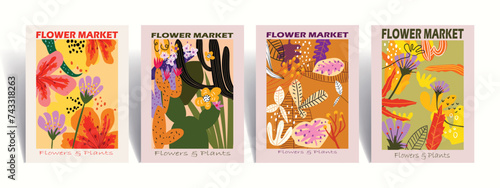 Flower market poster vector illustration hand drawn. Abstract floral art modern digital print for cards, wall decor, poster,cover, art print.