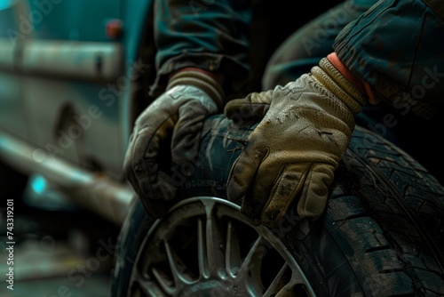 Close-up of a mechanic's hands installing or changing a car tire in a workshop environment.