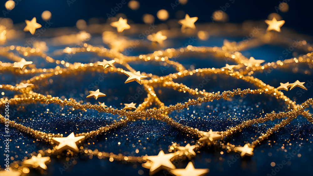 Abstract background composed of golden stars and gold dust, blue and gold tones, holiday celebration
