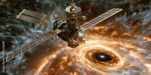 Orbital Satellite Navigating Near a Whirling Black Hole, Illustrating the Daring Ventures of Space Technology