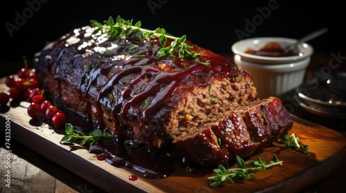 delicious meatloaf with vegetable topping  black and blurred background