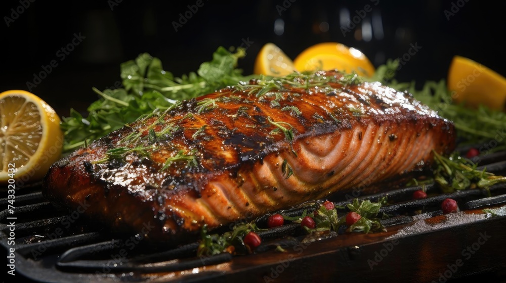 Delicious grilled salmon with vegetable topping, black and blurred background Delicious grilled salmon with vegetable topping, black and blurred background