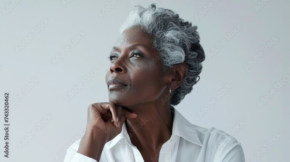 Studio portrait of senior aged black woman wearing white shirt