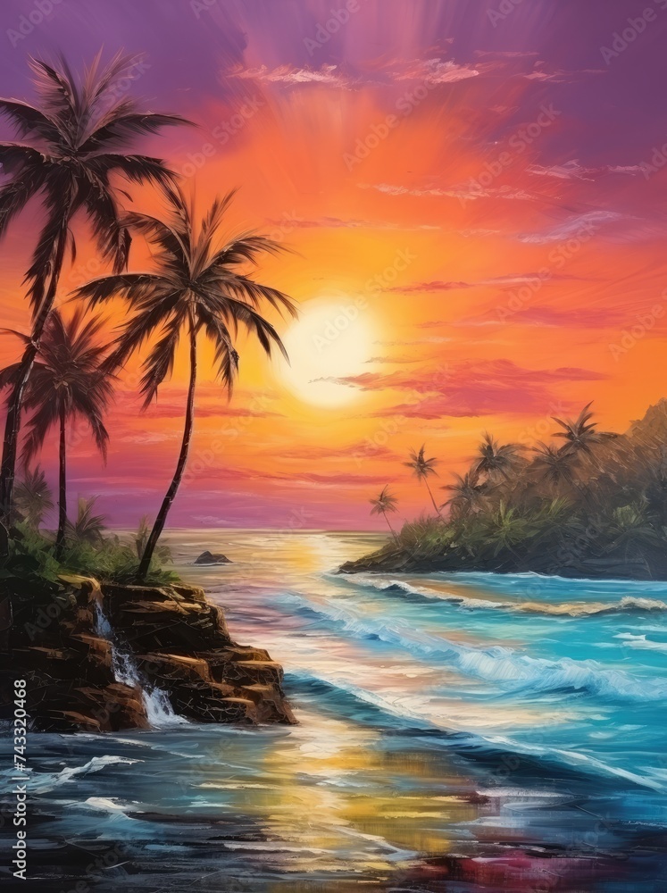 A painting depicting a vibrant tropical sunset with silhouetted palm trees against an orange and purple sky, creating a serene and captivating scene.