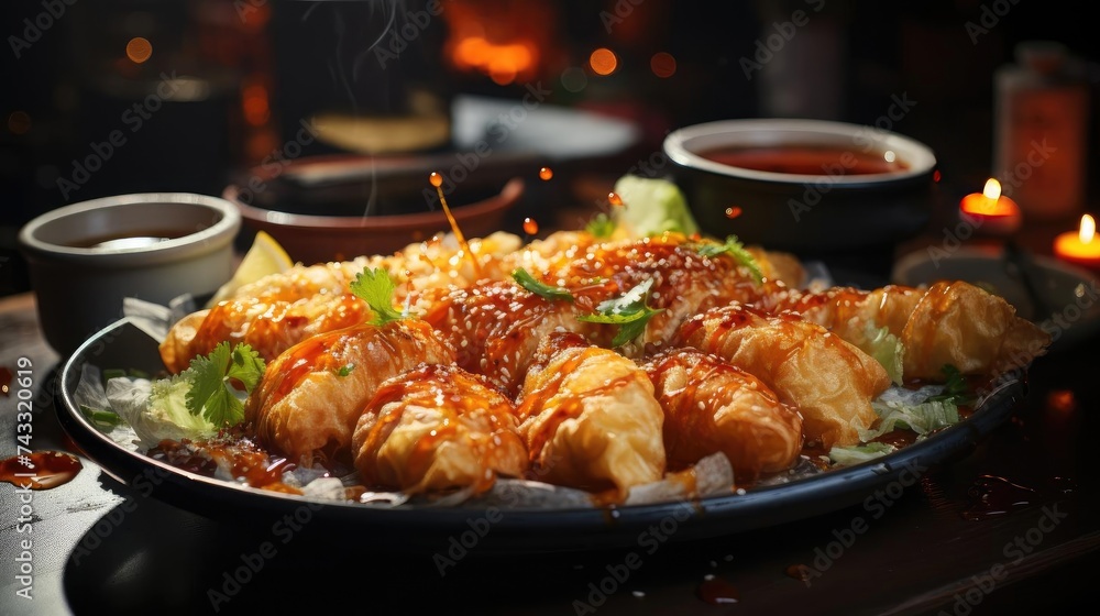 Delicious crispy tempura on a plate with blur background Delicious crispy tempura on a plate with blur background