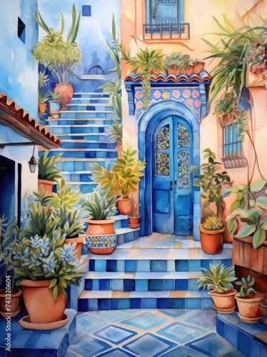 A painting depicting a blue door with steps leading up to it, surrounded by various potted plants in a quaint setting. © pham