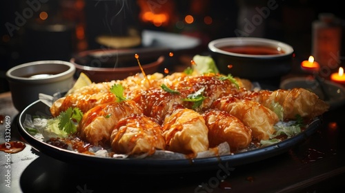 Delicious crispy tempura on a plate with blur background