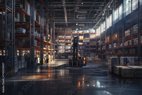 Warehouse interior with forklift and rows of packed shelves.