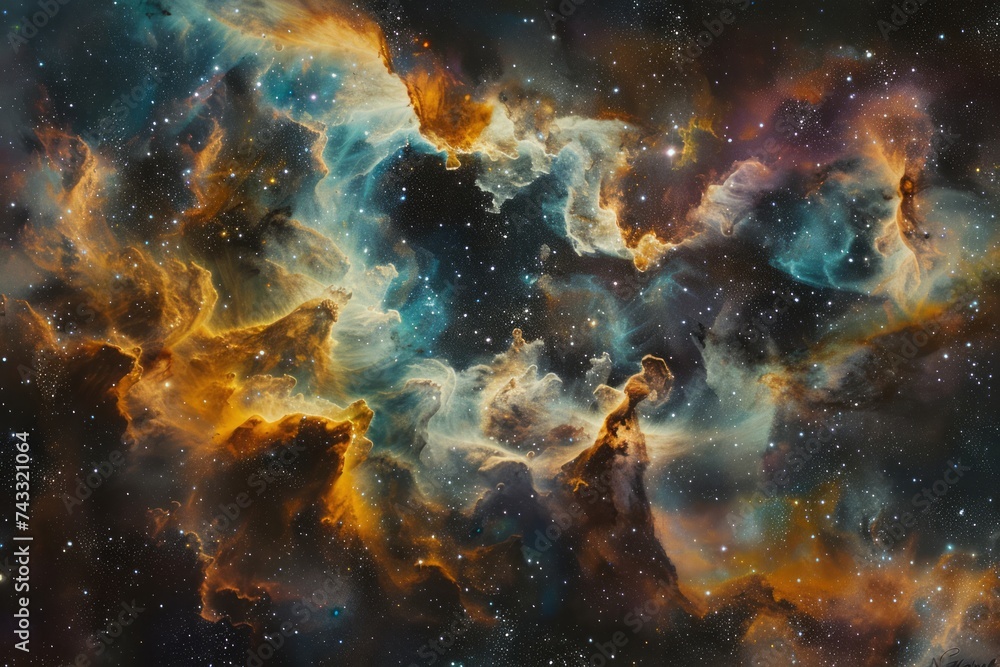 Fototapeta premium A vivid and fantastical depiction of a nebula with bright colors and dynamic cloud formations against a starry sky.