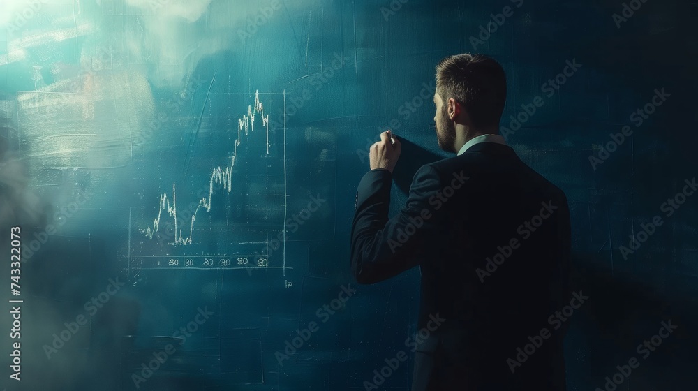 A businessman draws a growth graph and progress of business while analyzing financial and investment data business planning and strategy on blue background. businessman analyzes profitability working A businessman draws a growth graph and progress of business while analyzing financial and investment data business planning and strategy on blue background. businessman analyzes profitability working