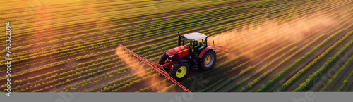 Aerial view of a tractor spraying pesticide on the field at sunset.