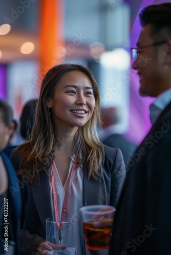 Business professionals engaged in lively discussions and networking sessions during a conference break, on Convention Center Floor, Generative AI © Shooting Star Std