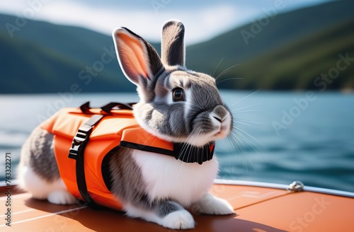 rabbit wearing a life jacket on a boat  photo