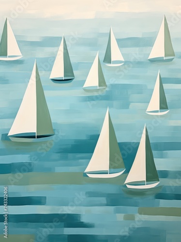 A painting depicting a group of sailboats moving through the vast expanse of the ocean, their colorful sails billowing in the wind.