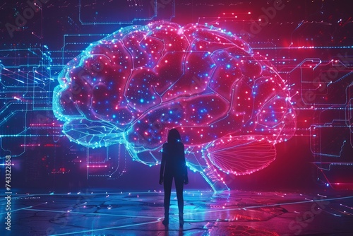 A futuristic depiction of a human silhouette standing before a glowing brain-shaped network of circuits and data streams. photo