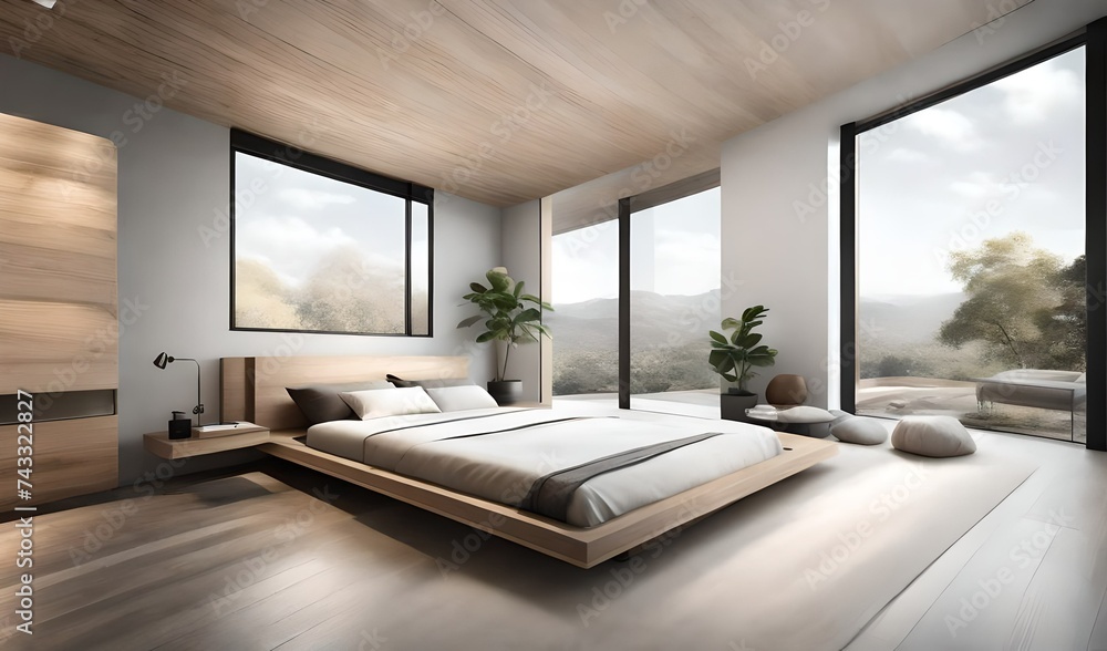 Fototapeta premium A minimalist bedroom featuring a sleek platform bed, clean lines, and neutral colors that create a serene atmosphere.