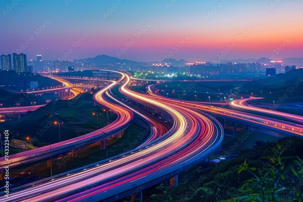 A long exposure shot of a highway at night, capturing the light trails of moving vehicles under a twilight sky.