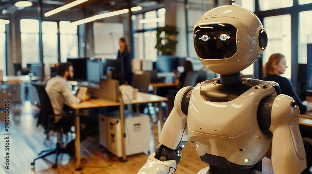 Fototapeta premium Diverse teams work alongside robots in a bustling office space, background image, generative AI