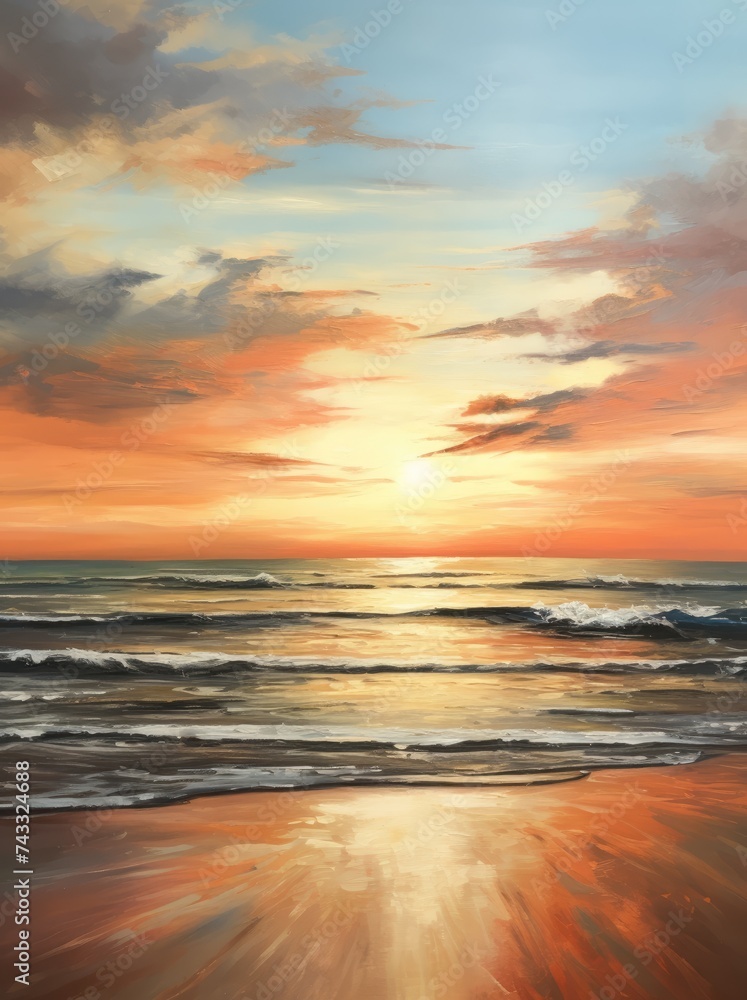 A detailed painting capturing the vibrant colors of a sunset over the ocean, with the sun setting on the horizon and reflecting on the water.