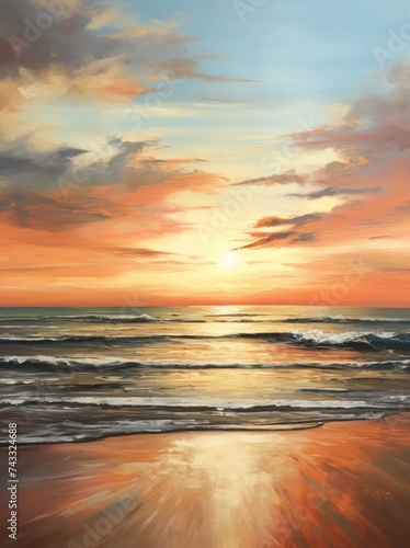 A detailed painting capturing the vibrant colors of a sunset over the ocean  with the sun setting on the horizon and reflecting on the water.