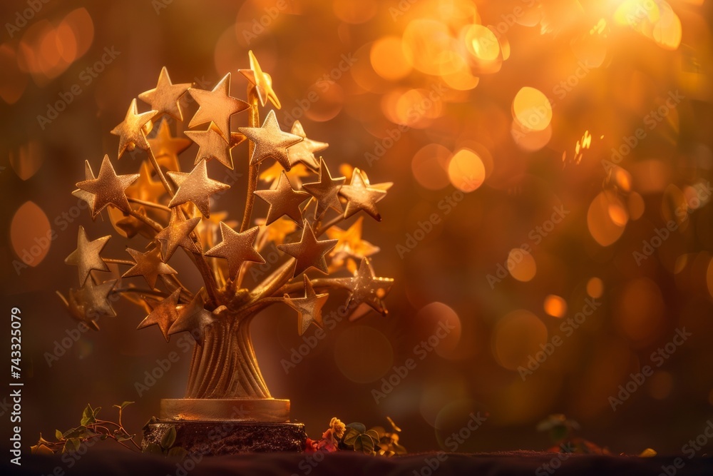 A golden trophy in the shape of stars on a dark base, set against a warm, glowing background. A golden trophy in the shape of stars on a dark base, set against a warm, glowing background.