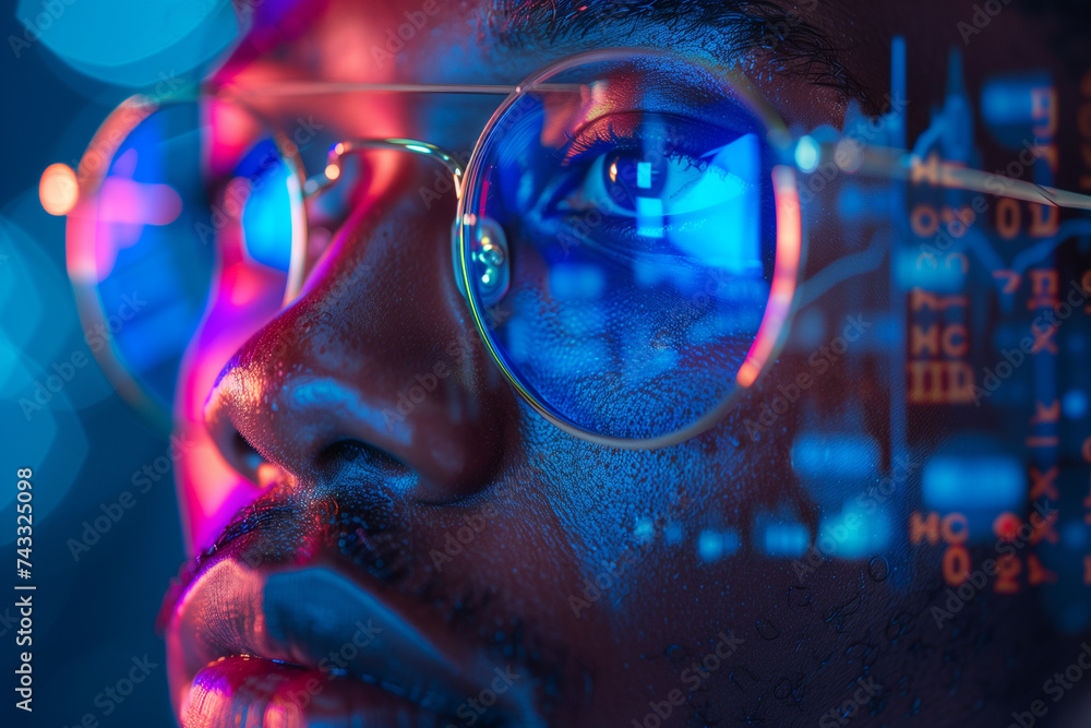 Extreme close up eyes African-American businessman wearing glasses having number and graph stock market data reflection multicolor light