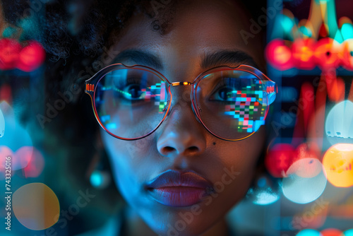 Close up eyes African-American businesswoman with afro hairstyle wearing glasses having number and graph stock market data reflection multi color light