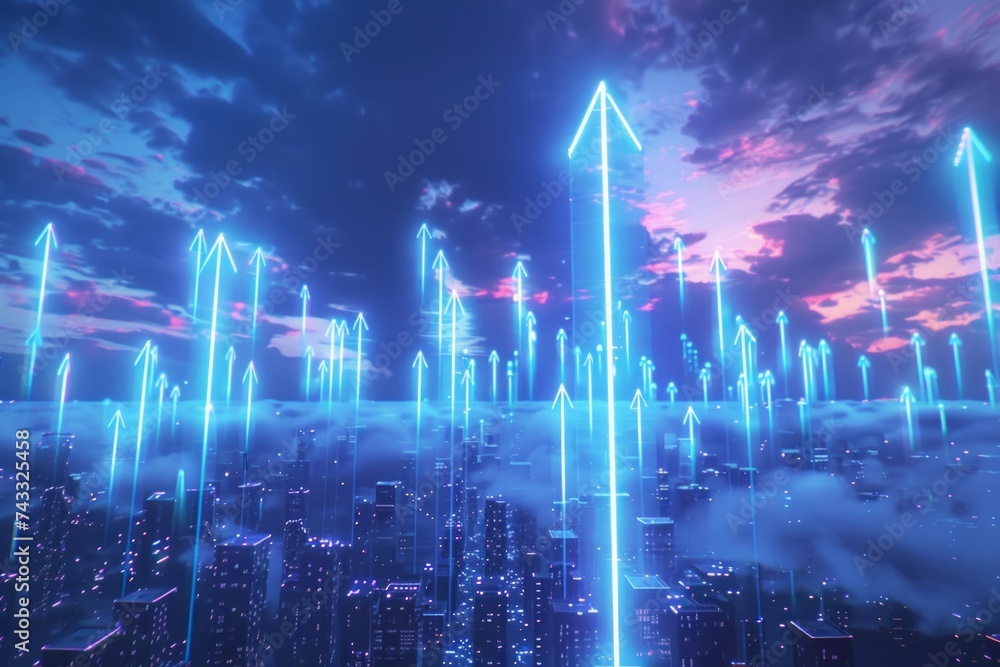 A digital illustration of glowing arrows soaring upwards over a cityscape, symbolizing growth, progress, or futuristic navigation.