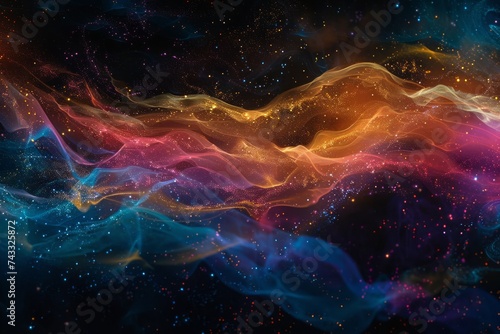 Abstract waves of light with a spectrum of colors flowing across a dark space, sprinkled with particles resembling stars.