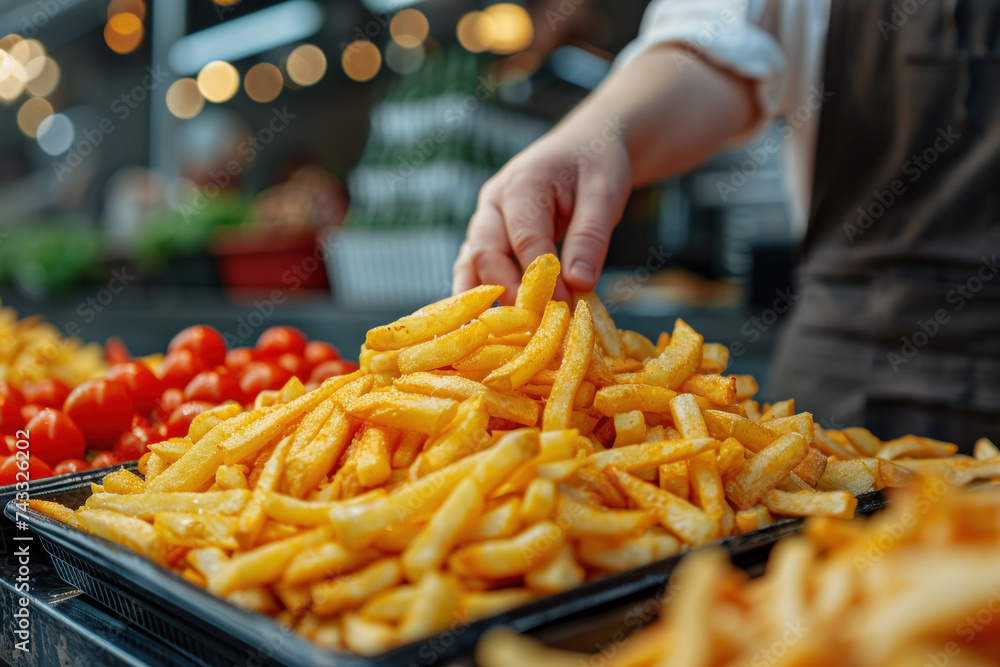 Hand grabbing crispy french fries from pile on the table, fast food Hand grabbing crispy french fries from pile on the table, fast food