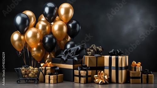 front view of black friday sale background with balloon ornaments, gift boxes and shopping carts