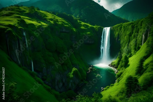 A serene panorama unveiling a series of waterfalls cascading down vibrant, green mountainsides against a clear sky.