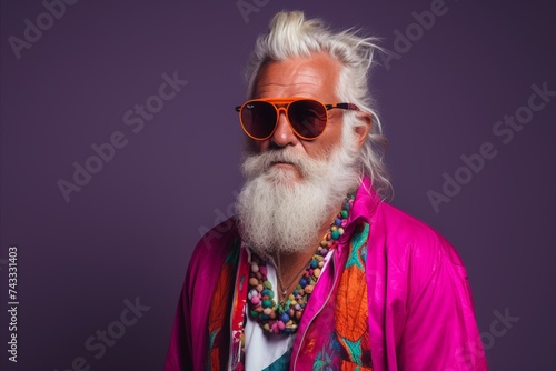 Portrait of an old hippie man with long white beard and sunglasses. Studio shot. © Chacmool