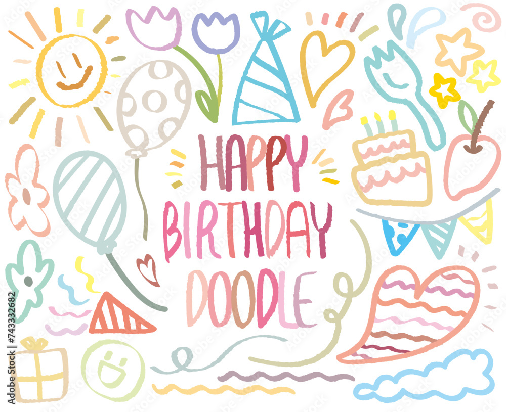 Happy Birthday doodle, hand drawn with crayon. Party Event Anniversary Celebrate Ornaments background pattern Vector illustration. Colorful out-line draw with birthday party. Cake, Gift, Balloon, Sun,
