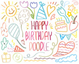 Happy Birthday doodle, hand drawn with crayon. Party Event Anniversary Celebrate Ornaments background pattern Vector illustration. Colorful out-line draw with birthday party. Cake, Gift, Balloon, Sun,