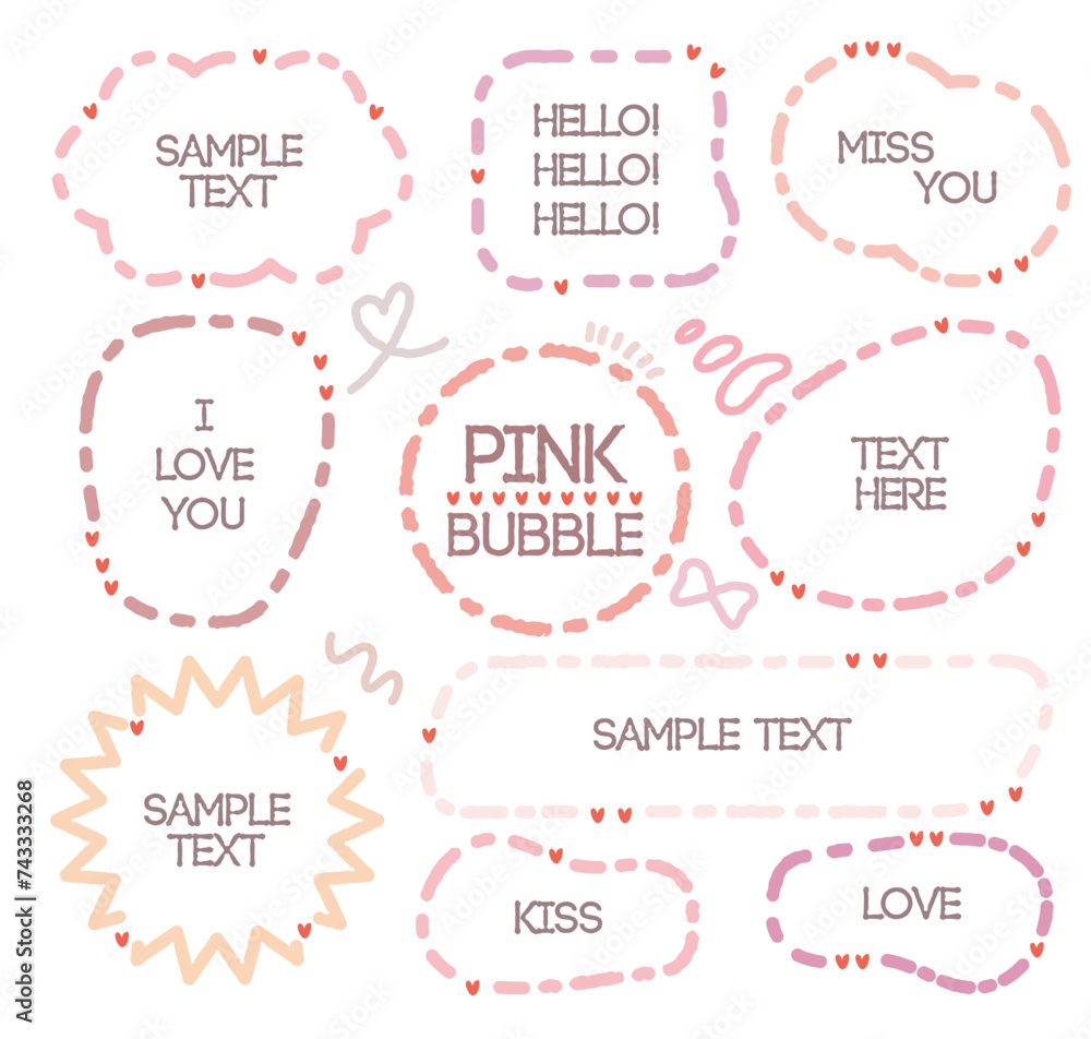 Set of pink color speech bubbles.Romantic chat frame.Doodle message or communication text box .Collection of colorful memo box. Hand drawn style cute chat cloud. Girl diary memo. Red blank for text. Set of pink color speech bubbles.Romantic chat frame.Doodle message or communication text box .Collection of colorful memo box. Hand drawn style cute chat cloud. Girl diary memo. Red blank for text.