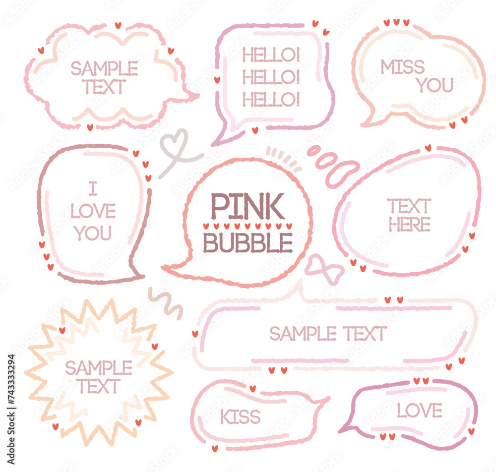 Set of pink color speech bubbles.Romantic chat frame.Doodle message or communication text box .Collection of colorful memo box. Hand drawn style cute chat cloud. Girl diary memo. Red blank for text. Set of pink color speech bubbles.Romantic chat frame.Doodle message or communication text box .Collection of colorful memo box. Hand drawn style cute chat cloud. Girl diary memo. Red blank for text.