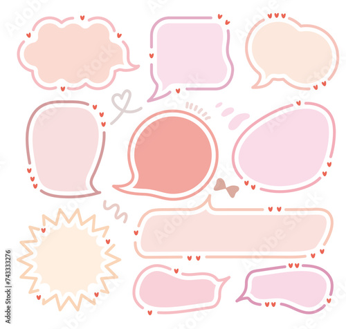Set of pink color speech bubbles.Romantic chat frame.Doodle message or communication text box .Collection of colorful memo box. Hand drawn style cute chat cloud. Girl  diary memo. Red blank for text.