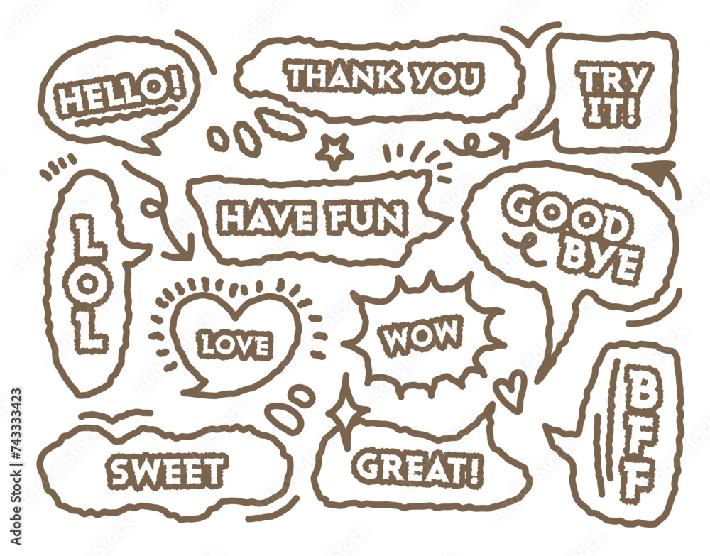 Set of hand-drawn doodles and speech bubbles. This set includes dialogue balloon, doodles, arrows,sparkle, stars.Talk clouds sketching.Talk speech text pop cute think set.Flat doodle style text box. Set of hand-drawn doodles and speech bubbles. This set includes dialogue balloon, doodles, arrows,sparkle, stars.Talk clouds sketching.Talk speech text pop cute think set.Flat doodle style text box.