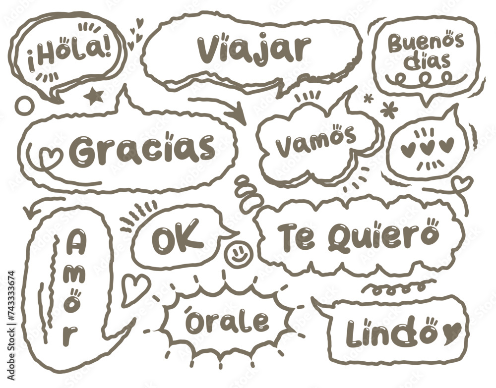 Chat speech bubble Spanish greeting phrases. . Dialogue balloon, word talk frame, conversation clouds. Hand drawn doodle memo box with phrase. Thinking clouds or box memo with message for discussion 